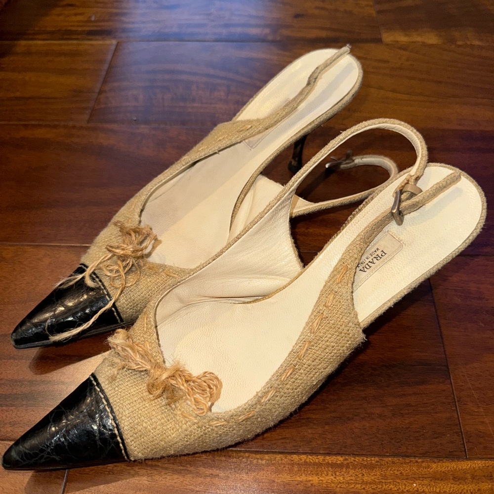 Prada Cream and Black Heels with Slingback Strap and Kitten Heel